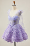 Lilac A-Line Spaghetti Straps Corset Beaded Short Graduation Dress with Feathers