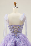 Lilac A-Line Spaghetti Straps Corset Beaded Short Graduation Dress with Feathers