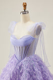 Lilac A-Line Spaghetti Straps Corset Beaded Short Graduation Dress with Feathers