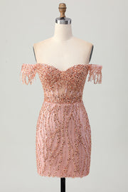 Dusty Rose Bodycon Off The Shoulder Corset Short Graduation Dress with Beading