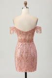 Off The Shoulder Dusty Rose Bodycon Corset Short Homecoming Dress with Beading