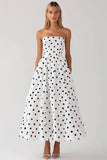 White Strapless A Line Black Polka Dots Dress