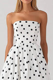 White Strapless A Line Black Polka Dots Dress