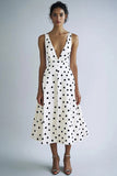 White A Line V-Neck Black Polka Dots Dress