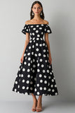 Off The Shoulder Black White A Line Polka Dots Dress