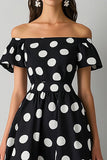 Off The Shoulder Black White A Line Polka Dots Dress