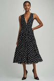 A Line Chiffon V Neck Black White Polka Dots Dress