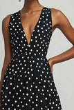 A Line Chiffon V Neck Black White Polka Dots Dress