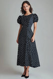 Black Round Neck A-Line Long White Polka Dots Dress