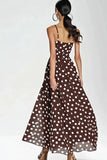 Coffee Spaghetti Straps Long A Line White Polka Dots Dress
