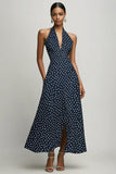 Navy A-Line Halter White Polka Dots Dress with Slit