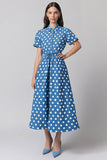 Blue A Line White Polka Dots Dress with Short Sleeves