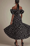 Black A Line Off The Shoulder White Polka Dots Dress with Slit