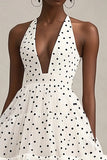 Halter A-Line Ruffle White Black Polka Dots Dress
