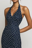 Halter Navy Sheath Long White Polka Dots Dress