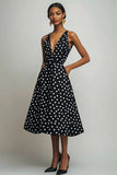 Black White V-Neck A Line Polka Dots Dress
