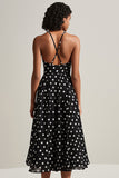 Black White Spaghetti Straps A-Line Polka Dots Dress