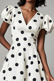 A Line White Black Polka Dots Dress with Puff Sleeves
