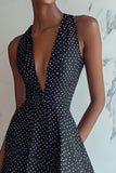 A Line Halter V Neck Mini Black White Polka Dots Dress