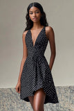 Black A Line V Neck Short White Polka Dots Dress
