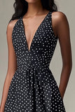 Black A Line V Neck Short White Polka Dots Dress