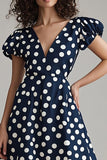 Navy White A Line Polka Dots Dress with Puff Sleeves