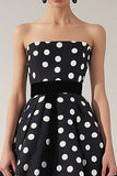 Strapless Black White A Line Polka Dots Dress