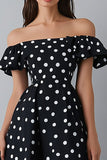 Off The Shoulder Ruffled Black White Polka Dots Dress