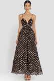 Coffee Spaghetti Straps A Line White Polka Dots  Dress