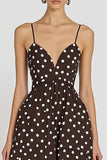 Coffee Spaghetti Straps A Line White Polka Dots  Dress