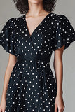 Black White A Line V Neck Long Polka Dots Dress