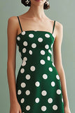 A Line Spaghetti Straps Green White Polka Dots Dress