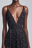 Black A Line V-Neck Long White Polka Dots Dress