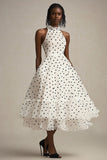 A Line Ruffled High Neck White Black Polka Dots Dress