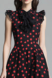 Black A Line Ruffled Red Polka Dots Dress