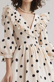 Ivory A Line V Neck Ruffled Black Polka Dots Dress with Puff Sleeves