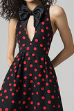 A Line Cut Out Black Red Polka Dots Dress with Bow