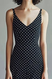 A-Line Spaghetti Straps Black White V-Neck Polka Dots Dress