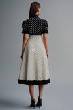 Vintage Ruffled Lapel Neck Black White Polka Dots Dress