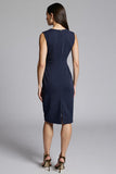 Navy Sheath Ruched Midi Work Dress