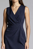 Navy Sheath Ruched Midi Work Dress