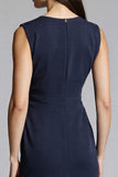 Navy Sheath Ruched Midi Work Dress
