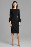 Long Sleeve Sheath Navy Round Neck Work Dress
