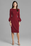 Long Sleeve Sheath Navy Round Neck Work Dress