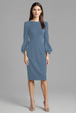 Long Sleeve Sheath Navy Round Neck Work Dress