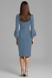 Long Sleeve Sheath Navy Round Neck Work Dress