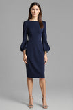 Long Sleeve Sheath Navy Round Neck Work Dress