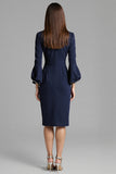 Long Sleeve Sheath Navy Round Neck Work Dress