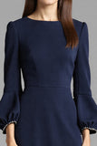 Long Sleeve Sheath Navy Round Neck Work Dress