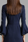Long Sleeve Sheath Navy Round Neck Work Dress